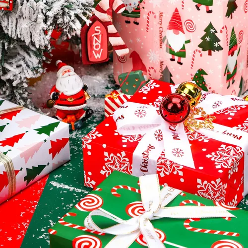 Miniatura 8 de WRAPAHOLIC Rollo de papel de regalo de Navidad de 30 pulgadas - Rollo jumbo rojo, verde y rosa de gnomo de Navidad y elfo festivo, colección de 4