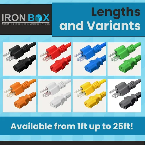 Miniatura 4 de IronBox Electric - Cable de alimentación de servicio pesado 5-15P a C13 - Cable de 3 clavijas 15A 125V 14/3 SJT para PC - Cable para computadora