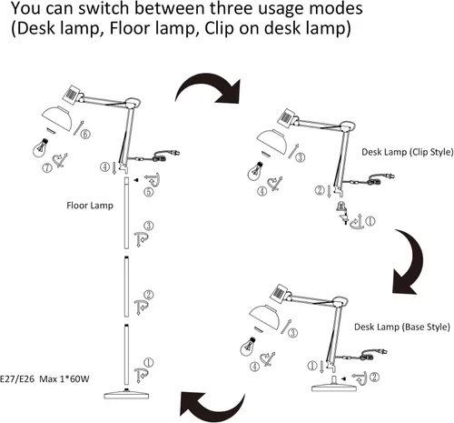 Miniatura 6 de Lámpara de pie LED FIRVRE, lámpara de pie giratoria vintage de metal, 3 modos de uso - lámpara de pie, lámpara de mesa y lámpara de clip, lámpara