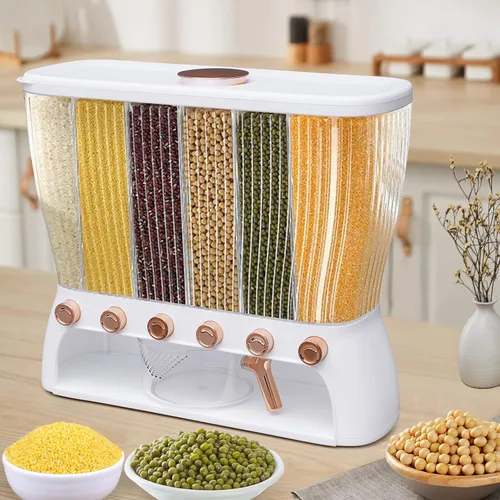 Miniatura 2 de Dispensador de alimentos secos, dispensador de cereales de 6 rejillas montado en la pared con tolva de taza medidora, compartimento ajustable