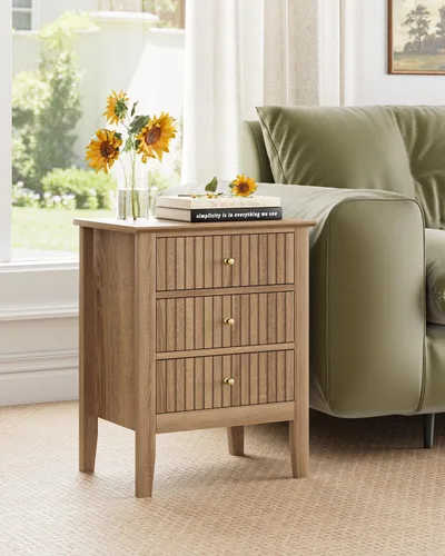 Miniatura 3 de Mesita de noche acanalada, mesa auxiliar de granja con 3 cajones, mesa auxiliar de acento lateral estilo Mid Century Modern, mesita de noche