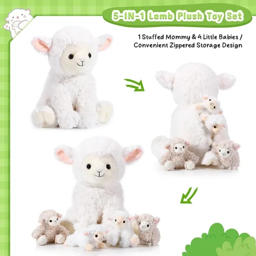 Miniatura 4 de Lenwen Juego de 5 juguetes de peluche de cordero, peluche de cordero de 14 pulgadas con 4 lindos bebés en ella, con cremallera, suave peluche