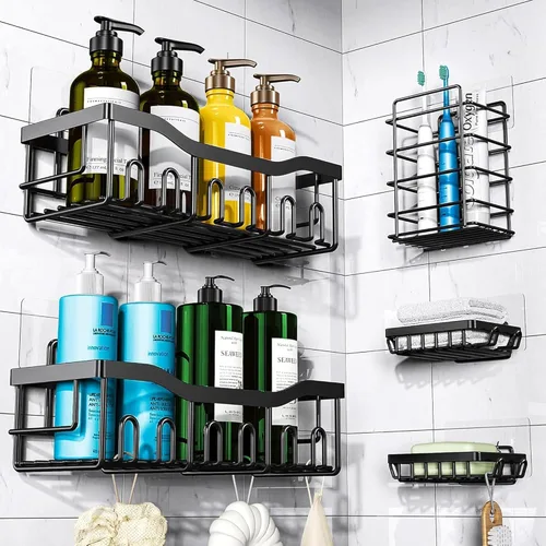 Organizador de ducha adhesivo para organización de almacenamiento de baño, paquete de 5 estantes de ducha sin taladrar, acero inoxidable para