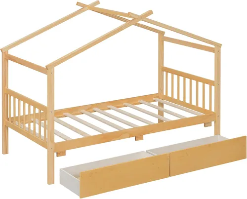 Miniatura 4 de JIVOIT Cama de plataforma de madera con dos cajones, cama de casa tamaño individual con diseño de techo, patas de pino macizo, cabecera y estribo