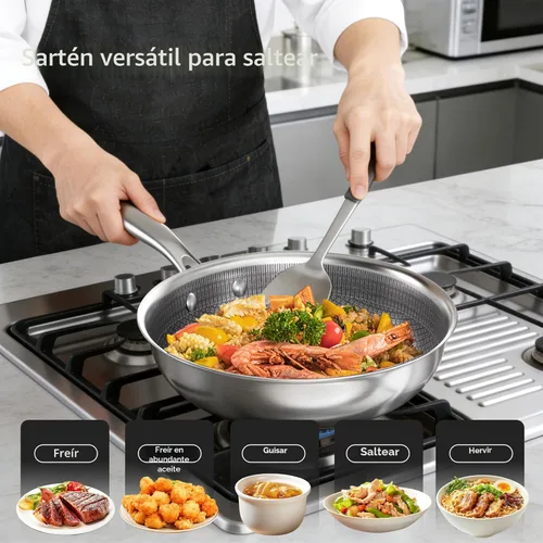 Miniatura 6 de COOKER KING Wok híbrido de acero inoxidable de 12 pulgadas con tapa, sartén antiadherente y sartén profunda, bandeja diaria de panal revestida