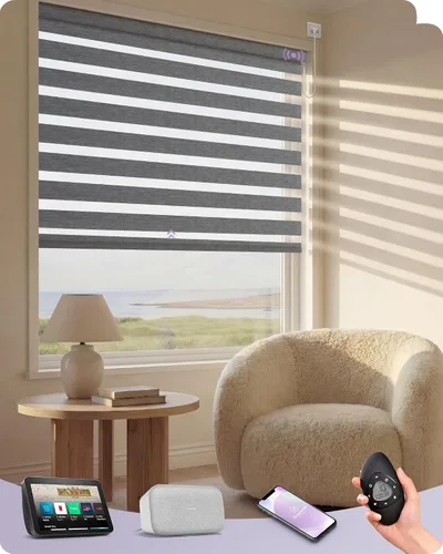 Miniatura 23 de Graywind Persianas motorizadas de cebra para ventanas, persianas inteligentes 100 % opacas con control remoto, persianas de cebra personalizadas