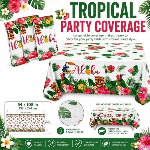 Miniatura 2 de Breling Paquete de 3 manteles hawaianos para decoración de fiesta Luau, 108 x 54 pulgadas, recuerdos de fiesta Luau, manteles de hojas de palmera