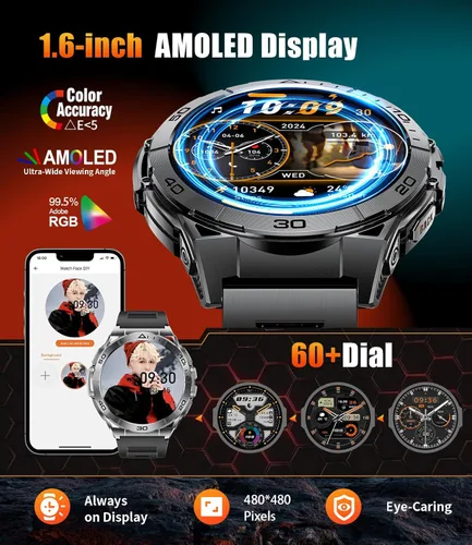 Miniatura 6 de LIGE Reloj inteligente para hombre, pantalla AMOLED de 1.6 pulgadas, batería de 600 mAh, relojes inteligentes impermeables de 5 ATM