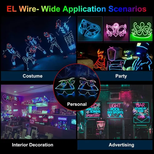 Miniatura 3 de JIGUOOR - Tira de luces de neón brillantes con cable EL y paquete de baterías, de 9.8 pies, 360 ° de iluminación, para bricolaje, festivales, Azul