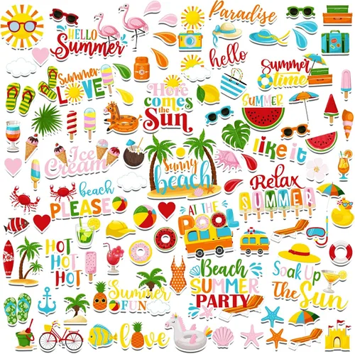 100 piezas de papel temático de verano, troquelados, cartulina, álbumes de recortes, recortes de verano, adornos de álbumes de recortes para tablón