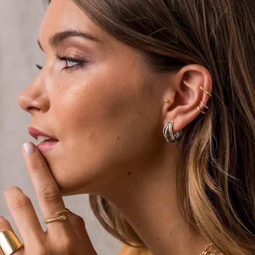 Miniatura 22 de Aretes de aro gruesos de oro para mujer, chapados en oro de 14 quilates, aretes de aro triple, hipoalergénicos, a la moda, aretes de aro gruesos