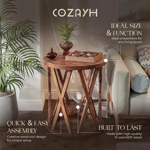 Miniatura 4 de COZAYH Mesa auxiliar de granja, mesa auxiliar redonda rústica con patas de motivos en X, parte superior texturizada de madera, para estilo bohemio