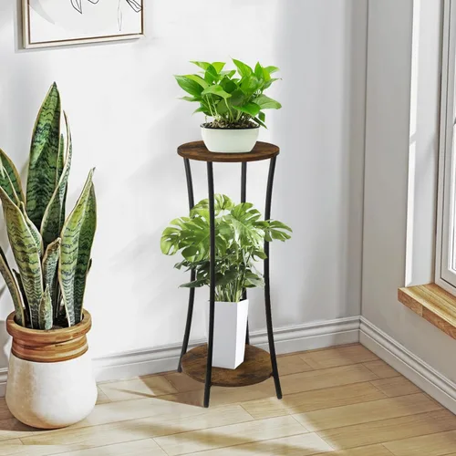 Miniatura 5 de YINMIT Soporte para plantas de interior, estante redondo de 2 niveles para maceta, estante de soporte para maceta, estante de soporte redondo, Marrón