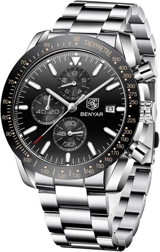Miniatura 9 de BENYAR - Relojes para hombre, cronógrafo de cuarzo, marca de lujo, impermeable, relojes de pulsera de cuero marrón a la moda para hombres