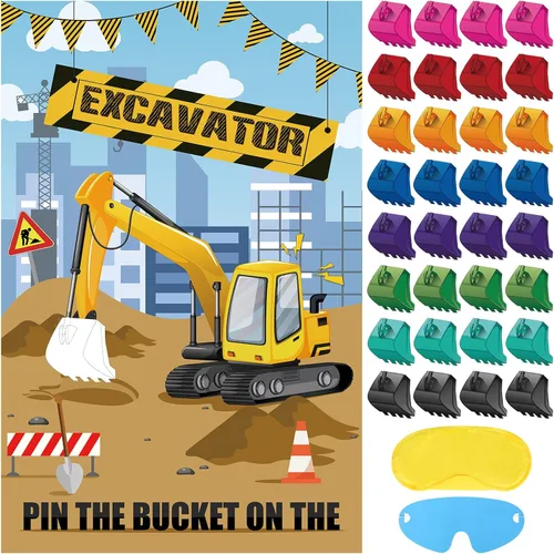 Hxezoc Pin The Bucket on The Excavator Game con 32 cubos grandes de construcción para juegos de fiesta para niños, fiesta de cumpleaños, suministros