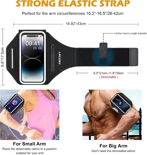 Miniatura 6 de Brazalete para correr con bolsa para auriculares, brazalete para teléfono celular para iPhone 17 16 15 Pro 14 Plus 13 11 XR, Galaxy S24/S10 Negro