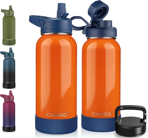 Miniatura 31 de CIVAGO Botella de agua aislada de 22 onzas con pajita, frasco de agua deportiva de acero inoxidable con 3 tapas