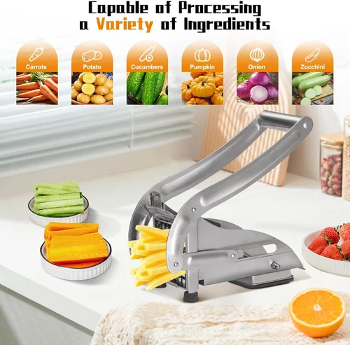 Miniatura 5 de Cortador de papas de acero inoxidable apto para lavavajillas con cuchillas de 1/2 y 3/8 pulgadas, base de succión antideslizante, cortador manual