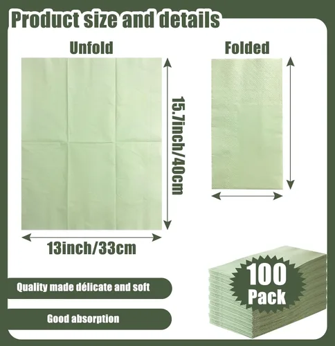 Miniatura 2 de 100 servilletas de 3 capas de color verde salvia de 13 x 15.7 pulgadas, servilletas de baño para invitados, servilletas de postre, toallas de mano