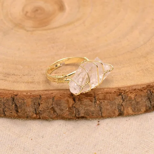 Miniatura 3 de Anillo envuelto en alambre de piedra áspera de cristal natural, tono de oro amarillo Cuarzo Blanco