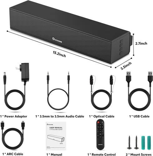 Miniatura 7 de Barra de sonido 2.1 para Smart TV con subwoofer integrado, 6 niveles de mejora de voz, altavoces de barra de sonido de TV pequeños de 15 pulgadas