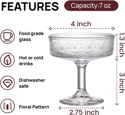 Miniatura 2 de Pumtus Juego de 6 vasos cupé vintage, 7 onzas de vidrio de Martini en relieve, copas de cóctel florales acanaladas, taza de Margarita transparente
