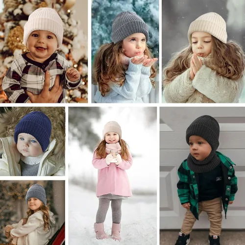Miniatura 7 de Conjunto de bufanda de sombrero de invierno para bebé, bufanda de punto cálido con forro polar para niños y niñas