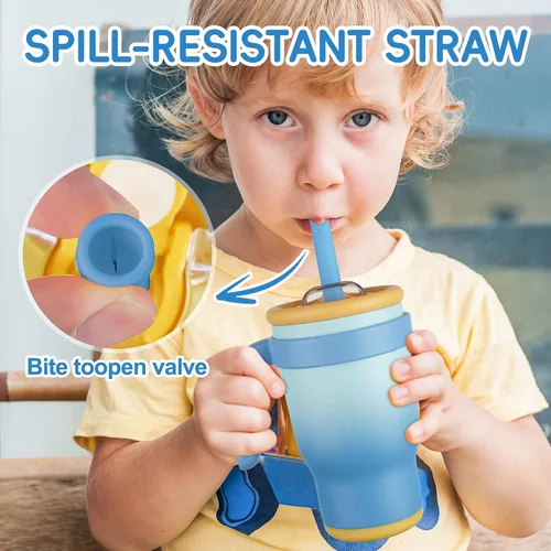 Miniatura 2 de Taza de 14 onzas para niños pequeños con aislamiento al vacío de acero inoxidable con asa, taza a prueba de derrames, pajita a prueba de fugas, taza