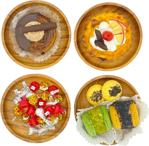 Miniatura 5 de Juego de 4 platos de madera de acacia, redondos de 6 pulgadas, postre de madera maciza de 1 pulgada de grosor, platos laterales y aperitivos