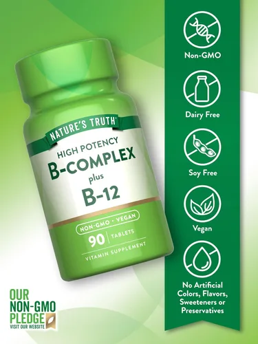 Miniatura 3 de Nature's Truth Complejo de vitamina B para mujeres y hombres Plus B12 90 tabletas Alta potencia Suplemento vegano y sin OMG