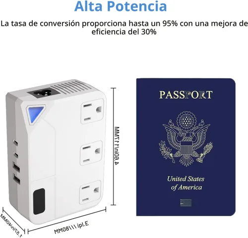 Miniatura 6 de Enchufe de conversión de 250 W, convertidor de viaje internacional con 2 puertos USB y 2 puertos USB-C, reducción de 220 V a 110 V para áreas de 100