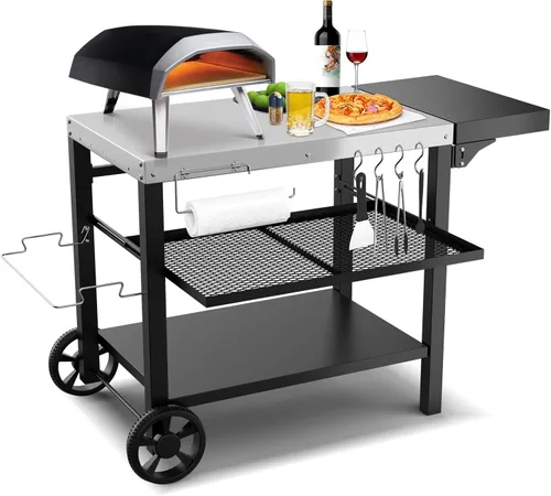 Miniatura 8 de Carrito de parrilla de superficie plana móvil de acero inoxidable de 34" x 24" para parrillas Ninja Woodfire y Blackstone Griddles, mesa de horno