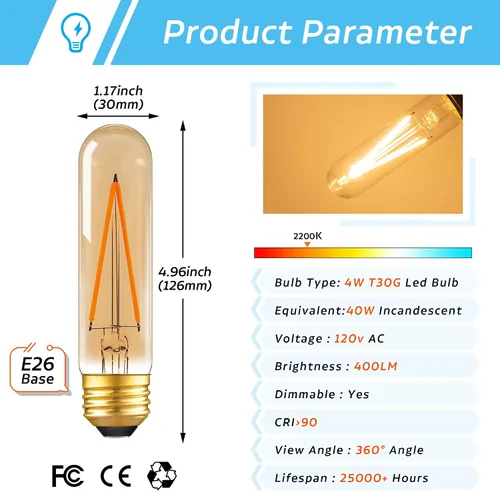 Miniatura 4 de Bombilla LED regulable E26 T30 T10 bombilla de tubo largo de 4W (equivalente a 40W), bombillas tubulares tipo T para vitrina, piano, candelabro