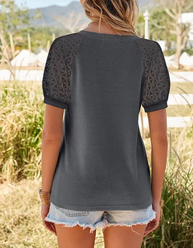 Miniatura 4 de MEROKEETY - Blusa de manga corta con cuello en V y encaje, de verano, para mujer
