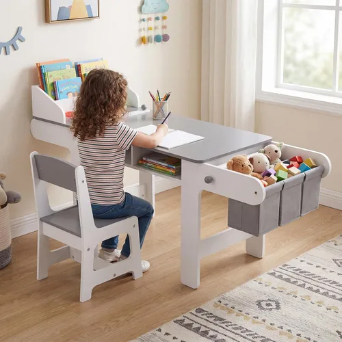 Miniatura 9 de Costzon Mesa y silla de arte para niños, mesa de madera para manualidades con rollo de papel y contenedores de tela para dibujar, leer, estudiar