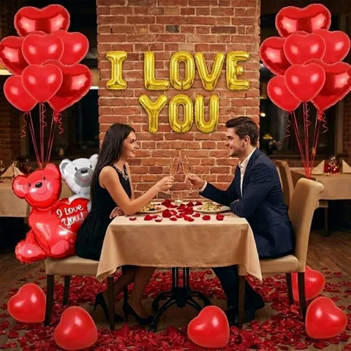 Miniatura 3 de Juego de globos y globos de aniversario, kit romántico de globos de corazón con rosa roja, decoraciones de aniversario para boda, confesión