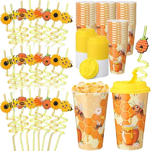 Yungyan 16 juegos de tazas de golosinas con tapas y pajitas para decoraciones de cumpleaños, reutilizables, 16 onzas, vasos de plástico para dulces,