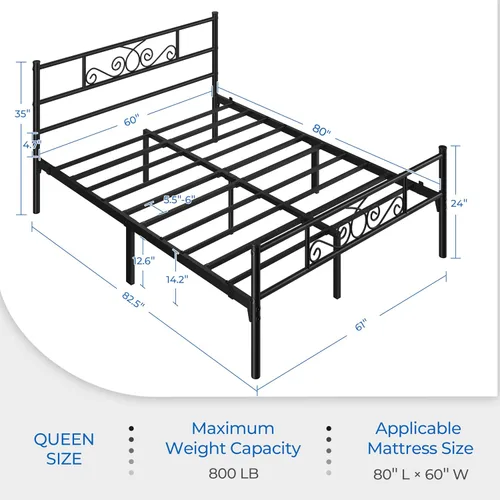 Miniatura 2 de Topeakmart Base de cama de metal clásico negro de 13 pulgadas con cabecero, base de colchón, plataforma de cama, base de cama con listones