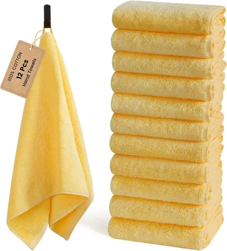 SEMAXE Paquete de 12 toallas de mano para baño, toallas 100% algodón con bucles para colgar, suaves y altamente absorbentes, juego de toallas de