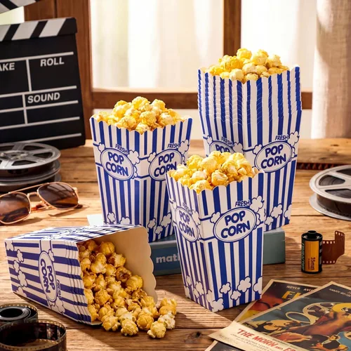 Miniatura 7 de Xinnun 100 piezas Cajas de palomitas de maíz 32 oz Cubos de papel clásicos con rayas desechables a prueba de aceite Caja abierta retro para Azul
