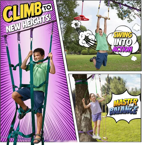 Miniatura 9 de Trailblaze Curso de Obstáculos de Guerrero Ninja para Niños - Diversión al Aire Libre 2x55 Pies de Cuerda Floja Ninja, Red de Escalada, Escalera