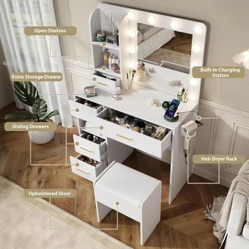Miniatura 3 de Escritorio de Tocador con Espejo y Luces, Escritorio de Maquillaje con 3 Iluminaciones Ajustables, 3 Estantes de Almacenamiento, 5 Cajones Grandes