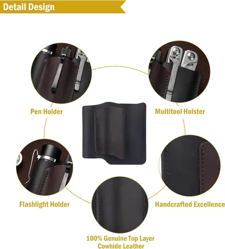 Miniatura 4 de VIPERAED PJ38 Funda multiherramienta de cuero para hombres, 4 en 1, organizador de bolsillo EDC para cuchillo de bolsillo, linterna multiherramienta
