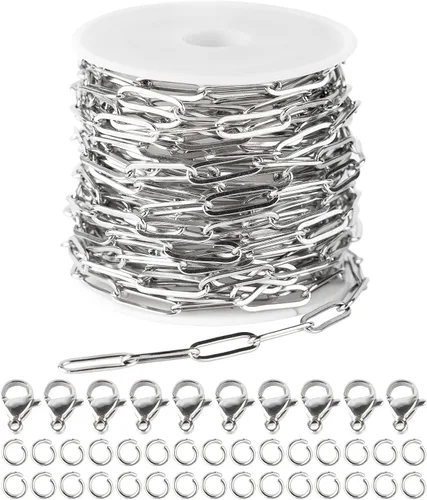 Miniatura 9 de YOUBEIYEE Cadena de acero inoxidable de 16.4 pies para hacer joyas, cadenas chapadas en oro con clip en relieve, a granel con anillos de salto