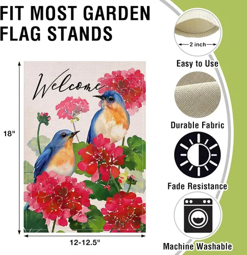 Miniatura 2 de Artofy Bandera decorativa pequeña de jardín con flores de geranio para primavera y verano, decoración exterior de arpillera de temporada, decoración