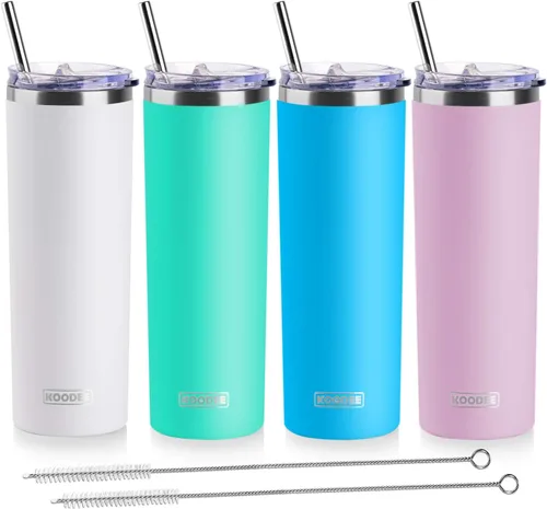 Miniatura 58 de Koodee - Vaso delgado de acero inoxidable de 20 onzas (4 unidades) aislado con doble pared, vaso de agua con 4 tapas, 4 popotes y 2 cepillos