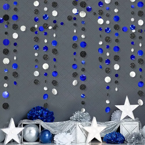 Miniatura 8 de Guirnalda de 46 pies de puntos circulares azul marino, negro y plateado, serpentina de lunares azul real y negro para cumpleaños, graduaciones