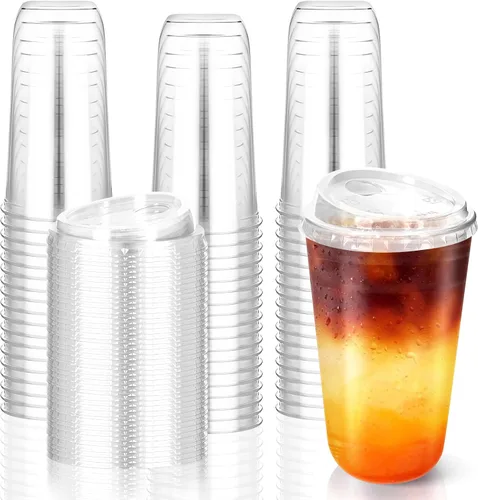 Miniatura 7 de 50 piezas de vasos de plástico para café con tapas con asa, vasos desechables de plástico PET transparente con tapas sin pajita para café helado
