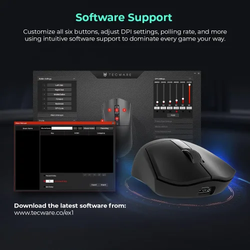 Miniatura 7 de TECWARE EX1 - Mouse ligero para juegos Mouse inalámbrico de 26 K DPI con pantalla OLED Diseño ultraligero de 2.08 oz Base de carga RGB Negro