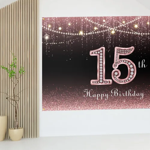 Miniatura 7 de HAMIGAR Fondo de pancarta de feliz cumpleaños número 15 de 6 x 4 pies, decoraciones de cumpleaños de 15 años, suministros de fiesta para mujeres